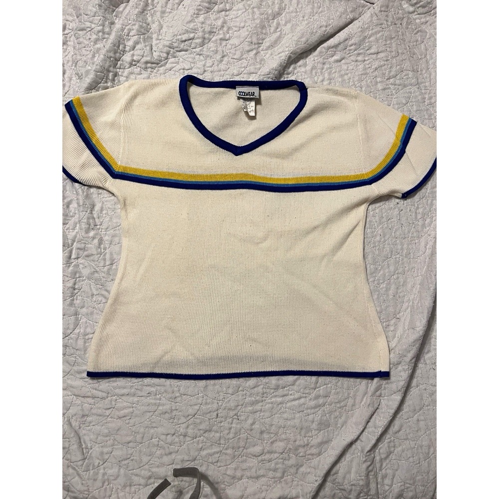 Vintage 90s Y2K Coolwear Ribbed Knit Baby Tee Cream Blue Yellow Stripe S